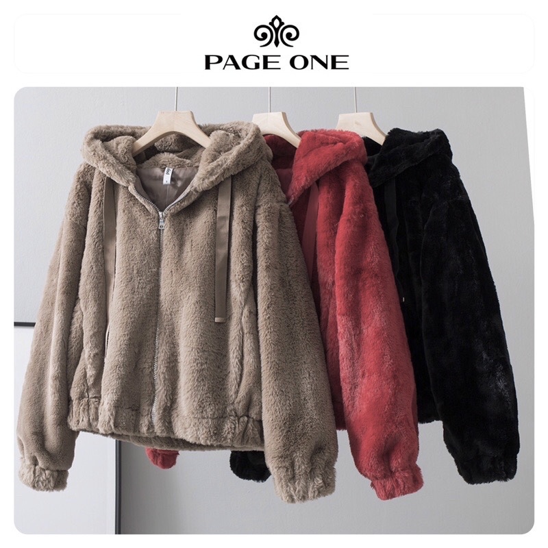 Page one เสื้อเฟอร์กันหนาว หมวกฮู้ด เสื้อขน Fluffy coat แบรนด์ page One ดำ