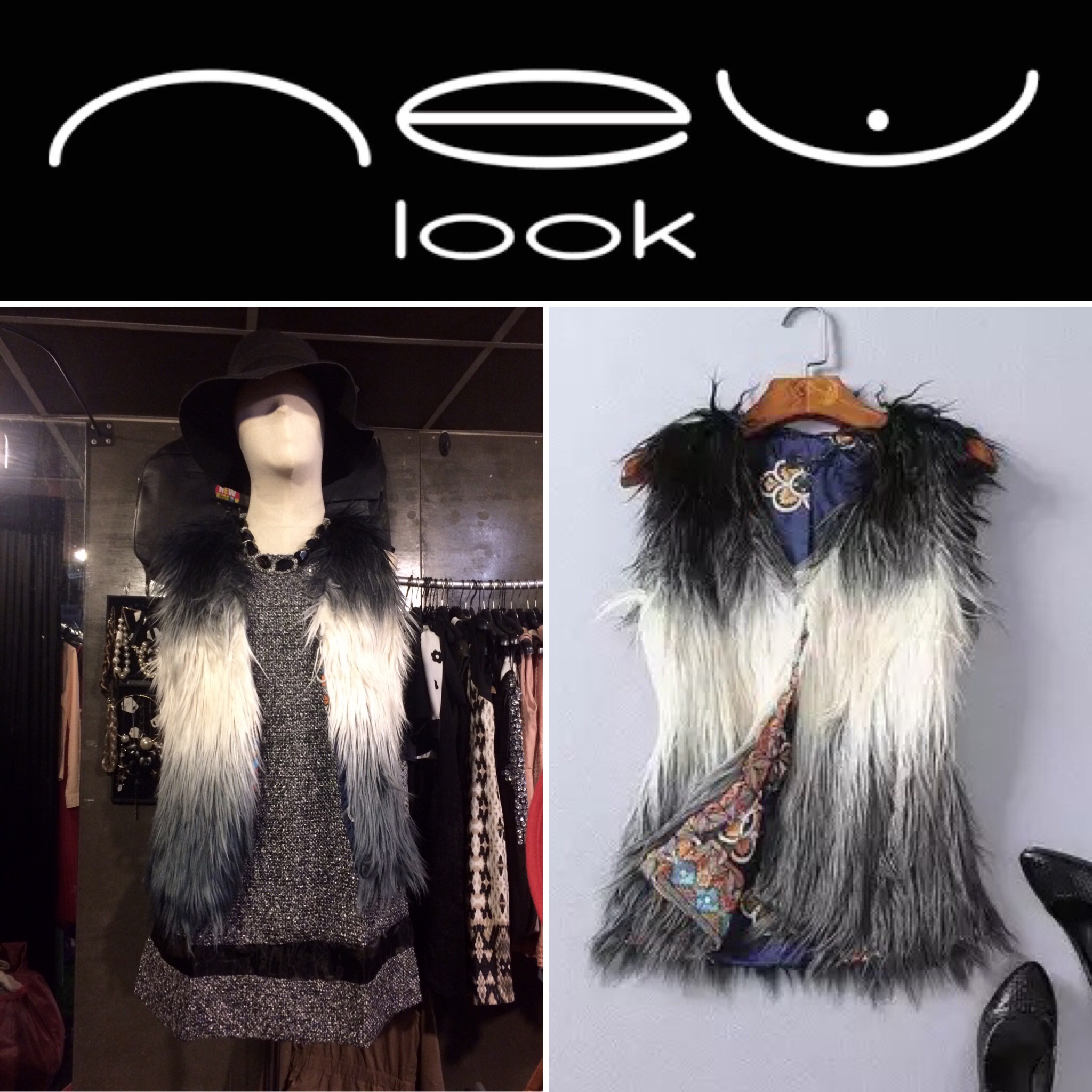New look เสื้อกั๊ก แต่งขน เสื้อกั๊ก กันหนาว แต่งขนฟูแซมวิ้งค์ ไล่โทนสี เฉดเทาดำ สวยหรู แบรนด์เนม NEW LOOK แท้100% size S/M