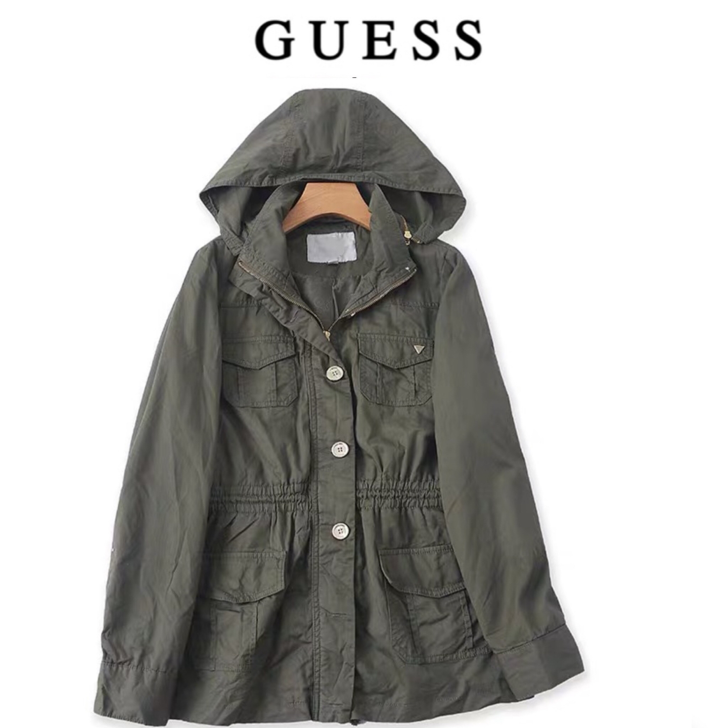 Guess เสื้อนอกเขียวทหาร เสื้อแจ็คเก็ต เสื้อฮู้ด แนวทหาร แพทเทินสวย เท่ห์ มาก แบรนด์ GUESS เขียว