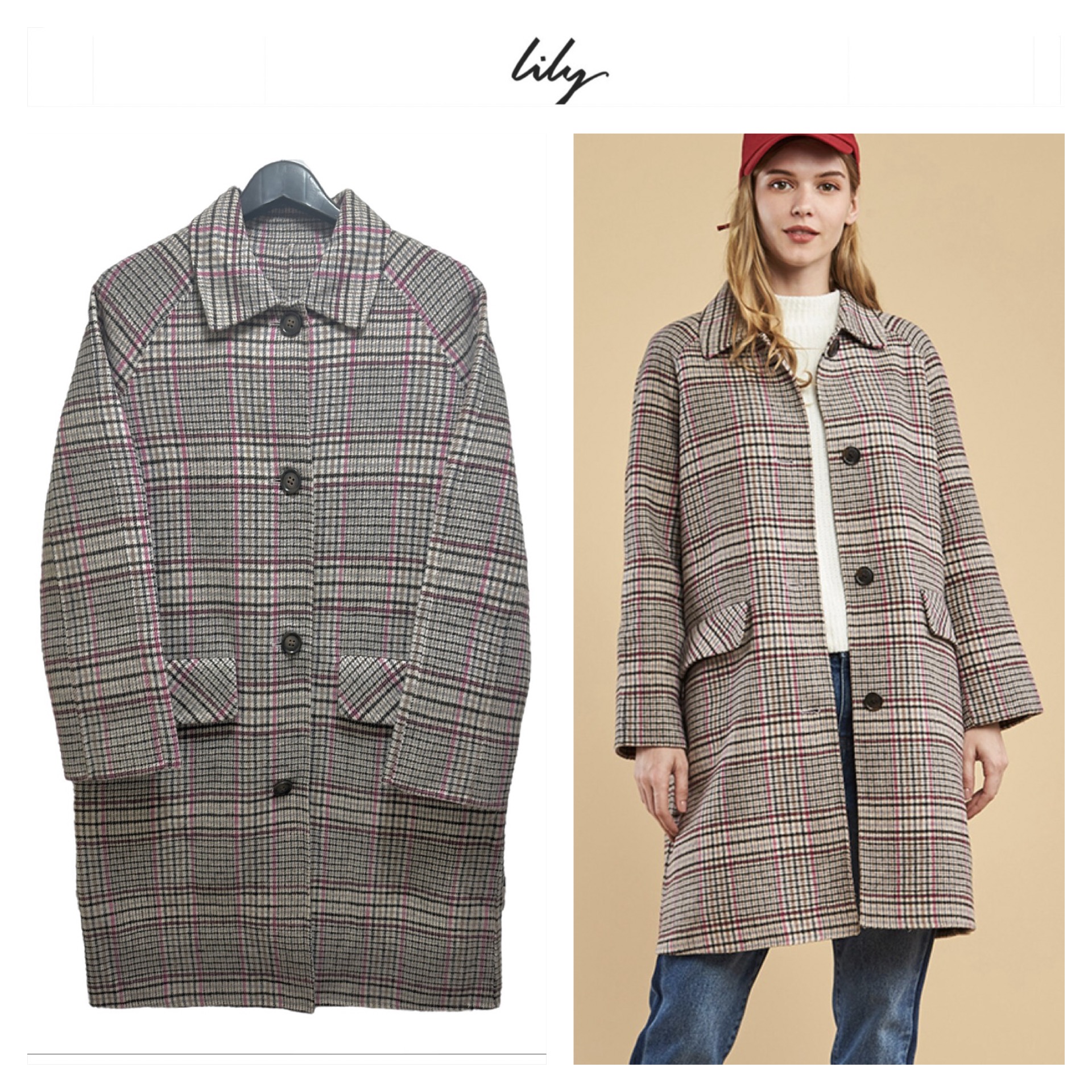 Lily เสื้อโค้ท เสื้อกันหนาว เนื้อผ้าสักหลาดวูล ลายตารางชมพูเทา แบรนด์lily