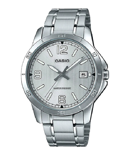 CASIO นาฬิกาคาสิโอ นาฬิกาข้อมือ นาฬิกากันน้ำ นาฬิกาของแท้ ประกันศูนย์ CMG 1 ปี รุ่น MTP-V004D-7B2 นาฬิกาสีเงิน