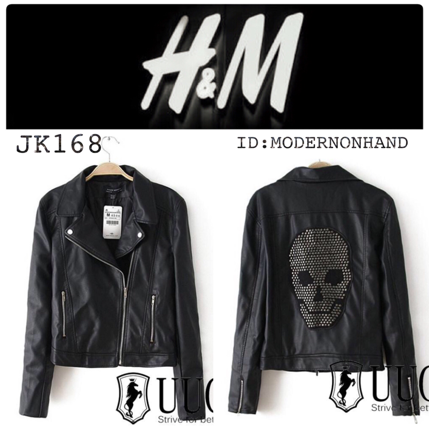 เสื้อแจ็คเก็ตหนัง สไตล์เสื้อแก๊งค์สีดำ Brand✨H&M แท้💯% แต่งหมุดเงินลายกระโหลก ด้านหลัง งานสวย เท่ห์มากคะ Size S/M/L