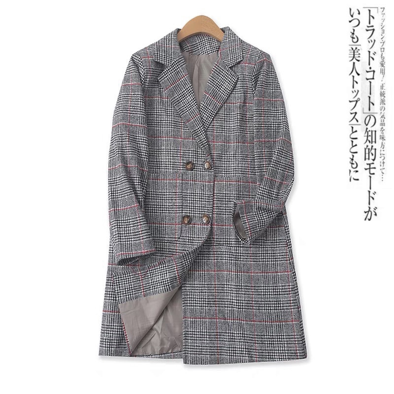 เสื้อโค้ท เสื้อกันหนาว ลายตาราง แต่งกระดุมแถบ สองแถว แบรนด์ Stradivarius สำเนา นู้ดกากี
