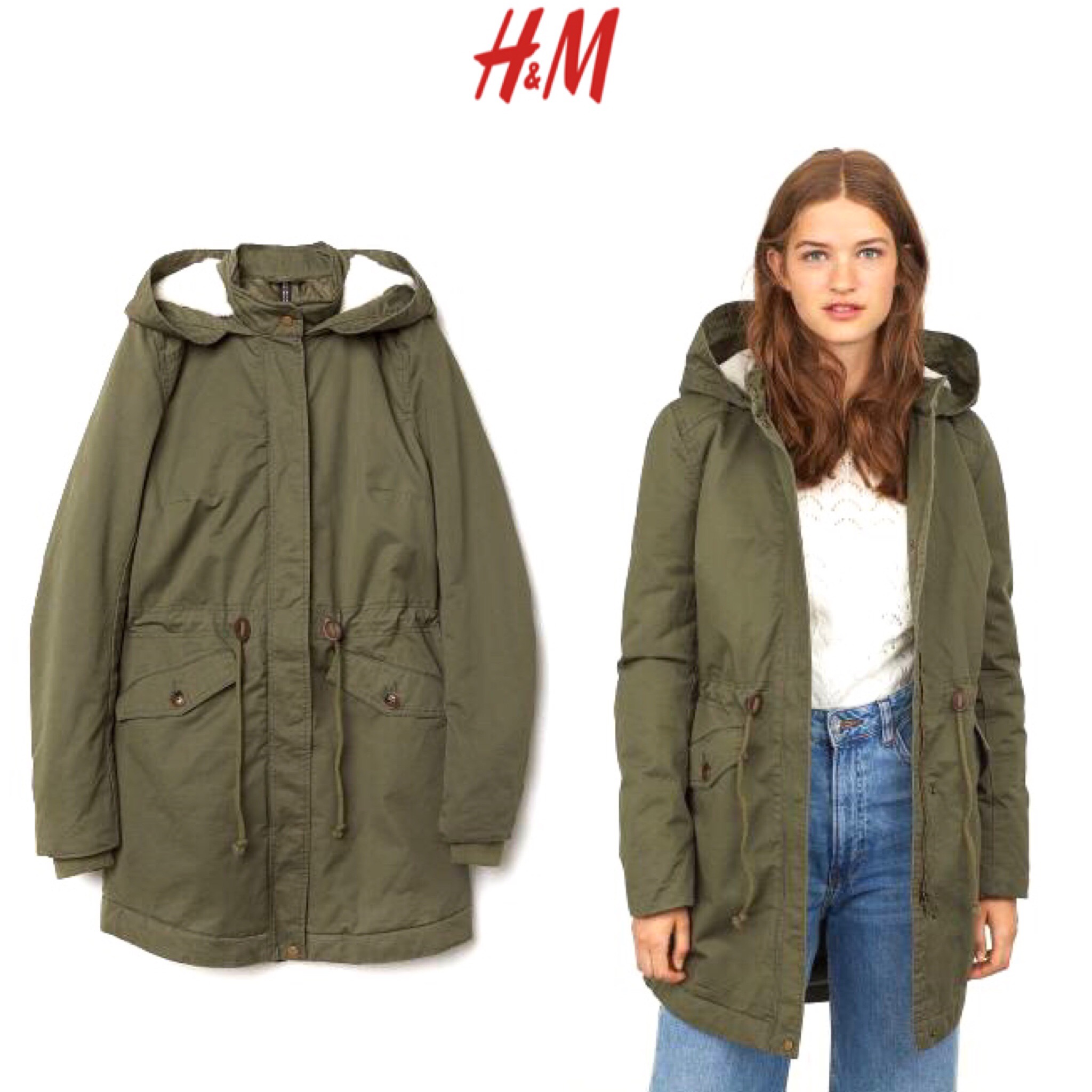 H&M เสื้อโค้ทฮู้ดกันหนาว เสื้อปาร์กา parka สีเขียว แบรนด์ H&M size S/M/L เขียว