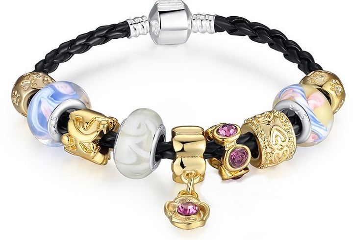 สร้อยข้อมือ Diy สไตล์ Pandora สร้อยข้อมือผู้หญิง สายหนังสีดำ ร้อย Charm สีทอง และ สีเงิน แต่ง คริสตัล ดอกกุหลาบ ติดคริสตัล พลอยสีม่วง 38134