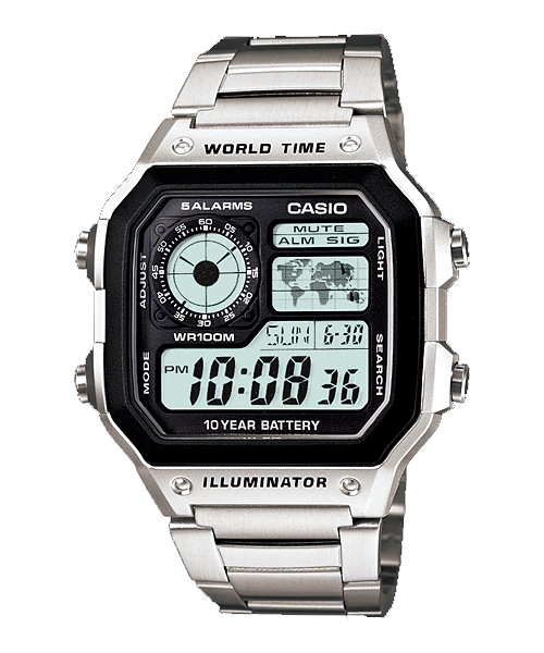 CASIO นาฬิกาคาสิโอ นาฬิกาข้อมือ นาฬิกากันน้ำ นาฬิกาของแท้ ประกันศูนย์ CMG 1 ปี รุ่น AE-1200WHD-1A นาฬิกาสีเงิน