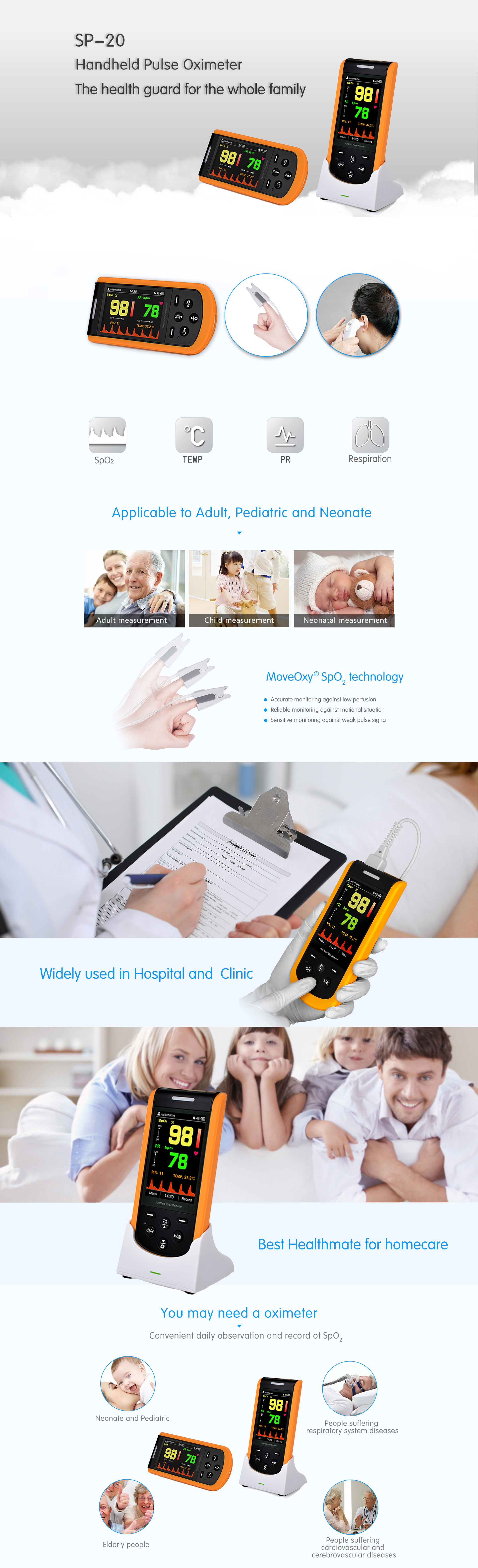 เครื่องวัดออกซิเจนปลายนิ้ว oximeter ยี่ห้อ Creative รุ่น SP-20 สำหรับผู้ป่วยติดตามผลต่อเนื่อง คลินิกและโรงพยาบาล