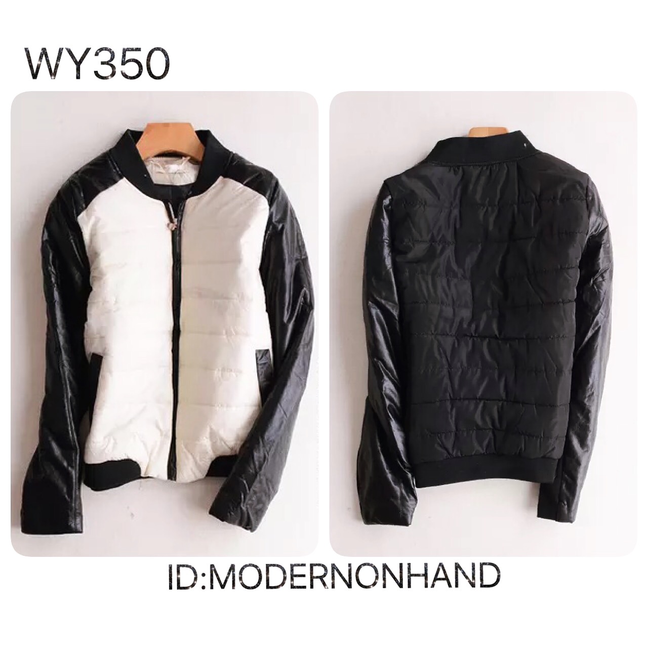 เสื้อกันหนาว แจ็คเก็ตกันหนาว สีทูโทนขาว-ดำ สไตล์ Bomber jacket แต่งแขนหนัง งานสวย แนวๆเท่ห์ๆคะ size L