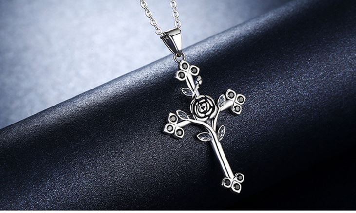 สร้อยคอ เงินแท้ 925 sterling สร้อยคอ ผู้หญิง ผู้ชาย ใส่ได้ ดีไซน์ รูปไม้กางเขน สีเงิน ดอกกุหลาบ ตรงกลาง สร้อยคอ สไตล์วินเทจ สุดหรู 747020