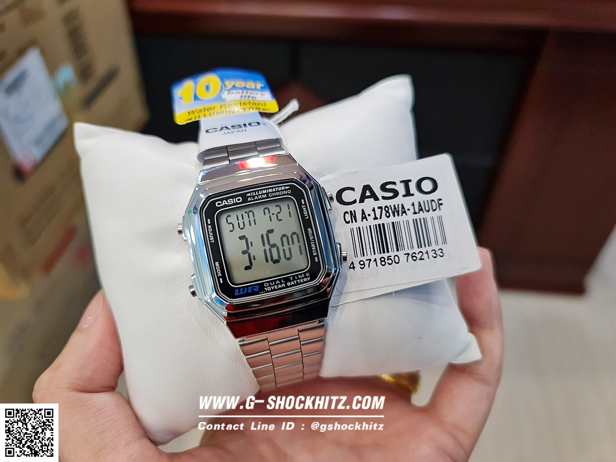 CASIO นาฬิกาคาสิโอ นาฬิกาข้อมือ นาฬิกากันน้ำ นาฬิกาของแท้ ประกันศูนย์ CMG 1 ปี รุ่น A-178WA-1A นาฬิกาสีเงิน