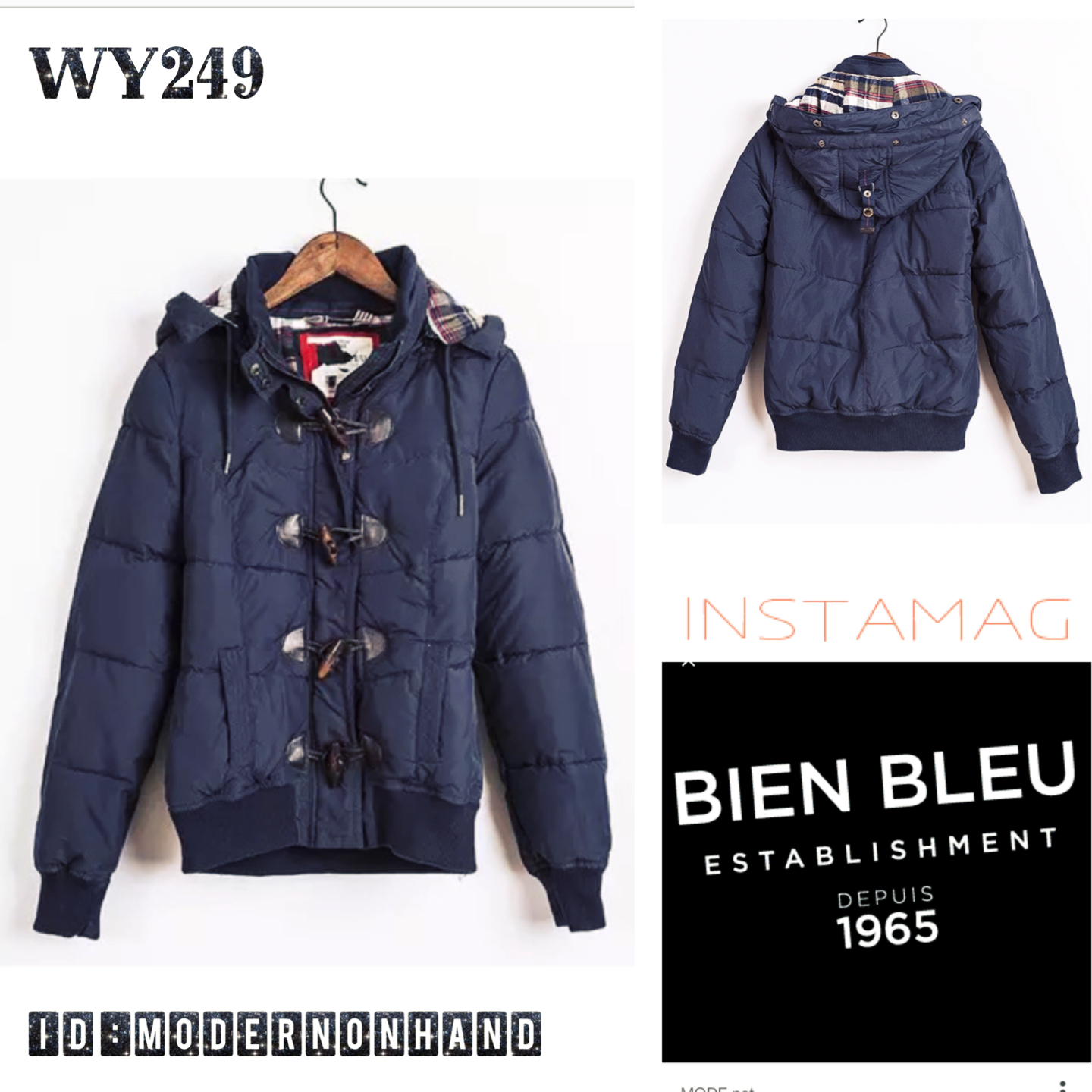 เสื้อกันหนาว เสื้อหนาวบุนวม สีเขียวทหาร แบรนด์เนม BIEN BLEU ติดหมวกฮูท แต่งกระดุมไม้ Size S/L