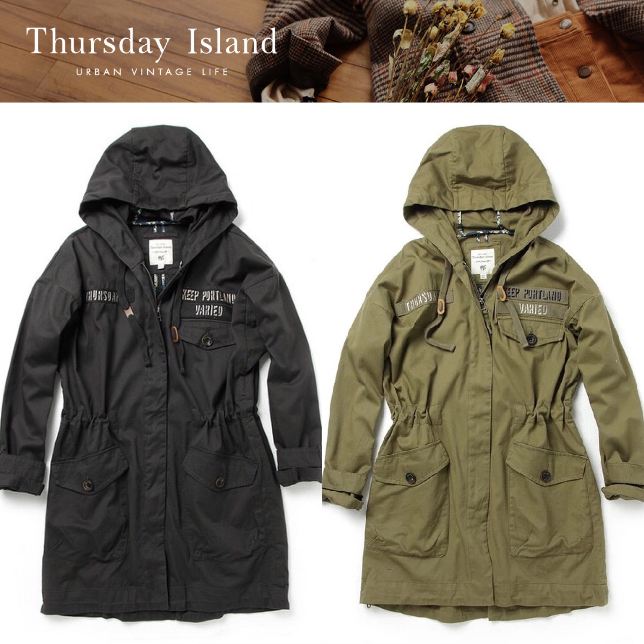 Thursday Island เสื้อแจ็คเก็ต เสื้อนอก แนวทหาร หมวกฮู้ด แบรนด์เกาหลี THURSDAY ISLAND size S/M/L เขียว/ดำ