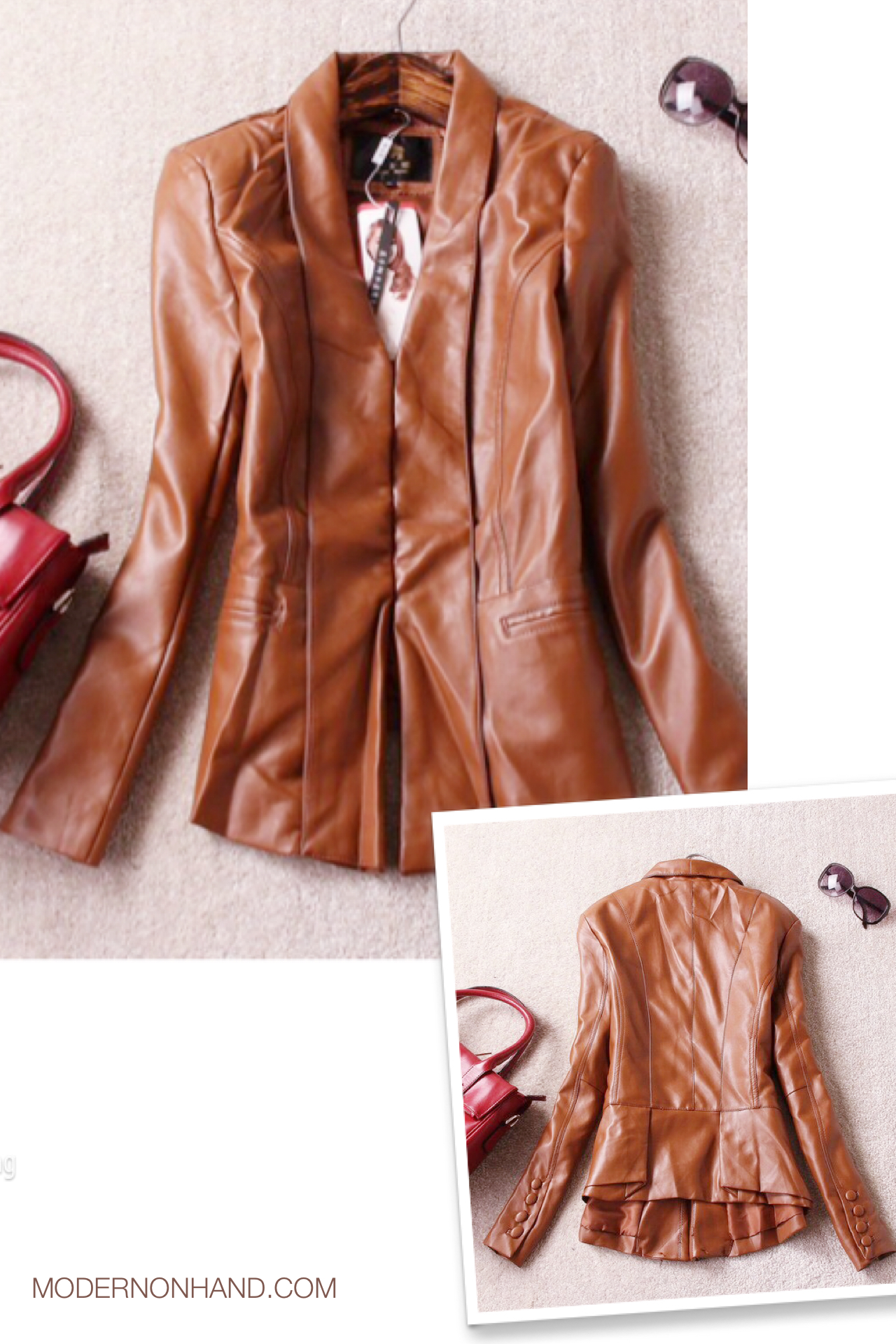 เสื้อหนังคอปกทรงสูท ผ่าหน้าสีน้ำตาล size S/M/L