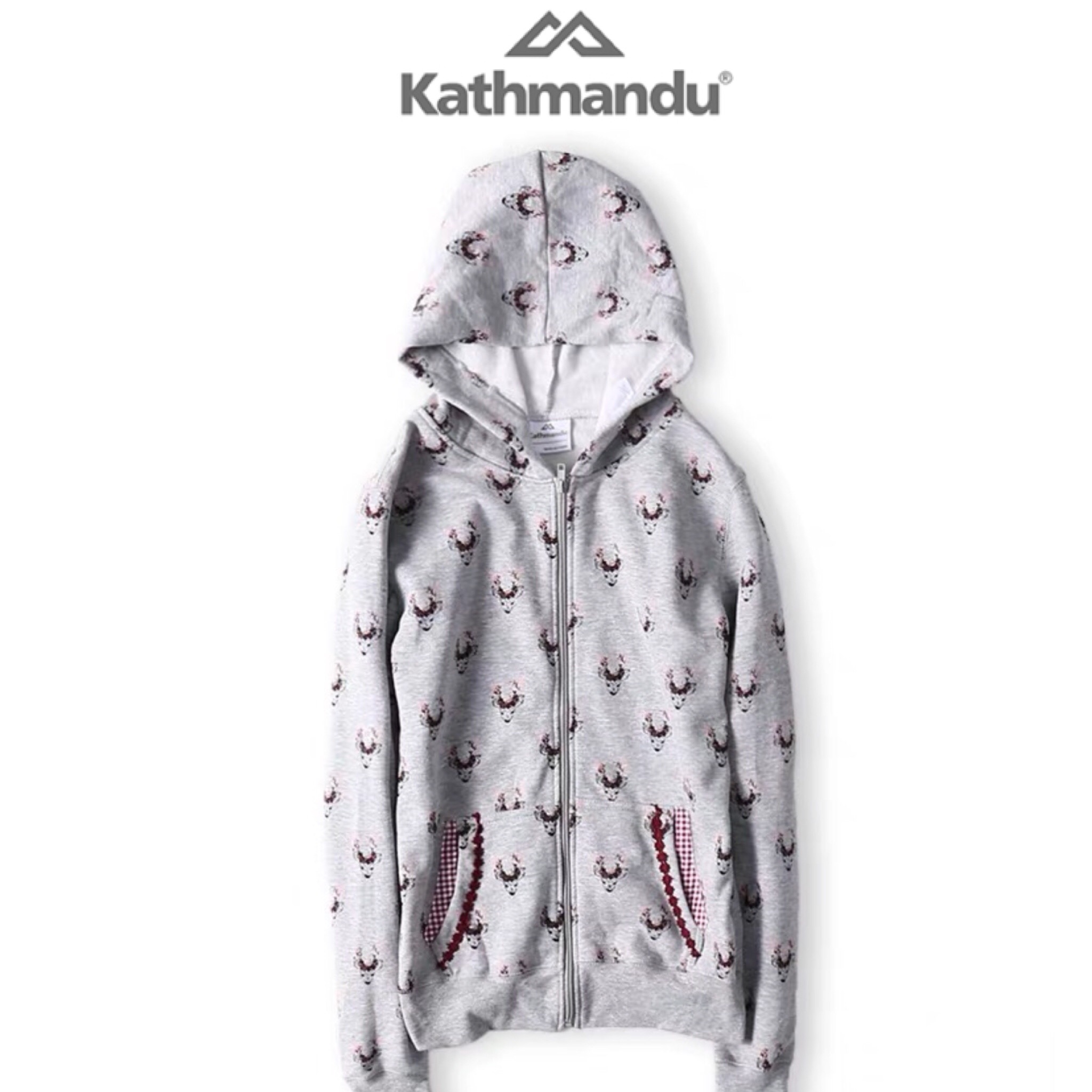 Kathmandu เสื้อแจ็คเก็ต เสื้อนอก เสื้อฮู้ดวอร์ม สีเทา ลายสกรีน ด้านใน ซับผ้าสำลี แบรนด์ Kathmandu เทา