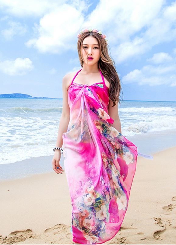 ผ้าชายทะเล ผ้าชายหาด ชีฟองลายดอกไม้ชมพู