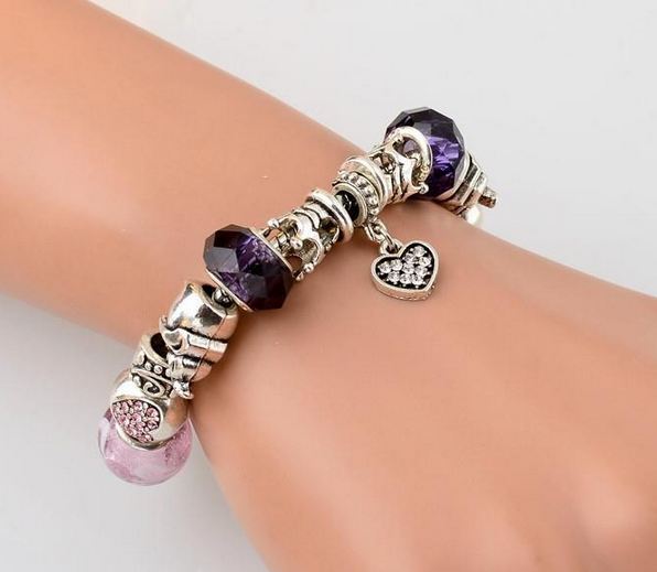 สร้อยข้อมือ Diy สไตล์ Pandora สร้อยข้อมือ Hade made ใส่ คริสตัล ออสเตเรีย เม็ดใหญ่ สีม่วง สลับ Charm รูป ช้าง มงกุฏ และ จี้ หัวใจ สีเงิน 819818