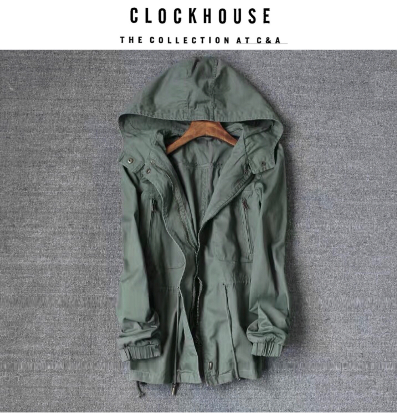 Clockhouse เสื้อฮู้ดเขียวทหาร เสื้อนอกแนวทหาร งานClockhouse แพทเทินสวย เท่ห์มาก Size S/M/L/XL เขียว