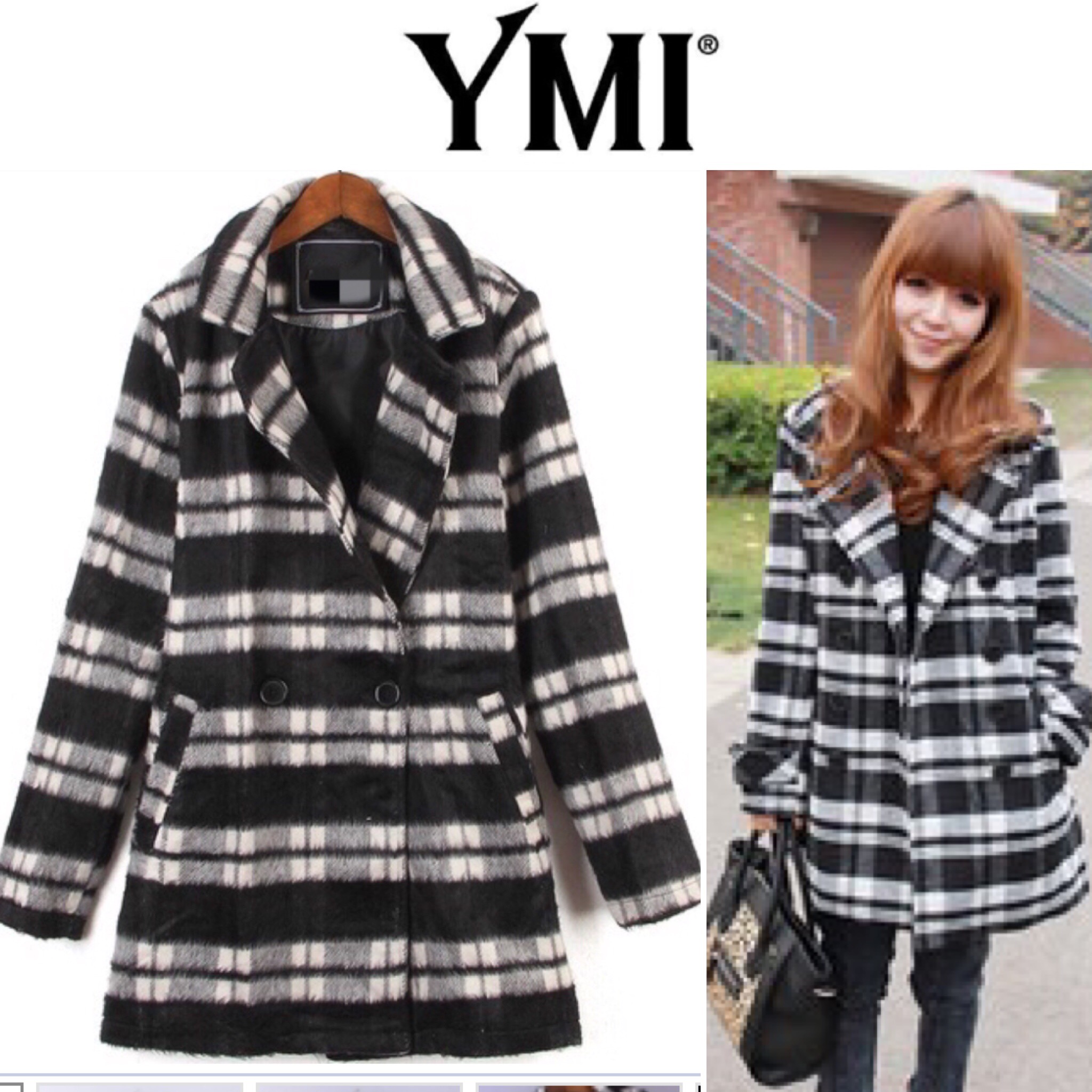 Ymi เสื้อโค้ท โค้ทกันหนาว เนื้อผ้าสักหลาด ขนวูล แบรนด์เนมYMI ญี่ปุ่นแท้ ลายตาราง ขาวดำ สวย หรู เนื้อผ้า นิ่มสวย หรูมากคะ ตารางขาวดำ