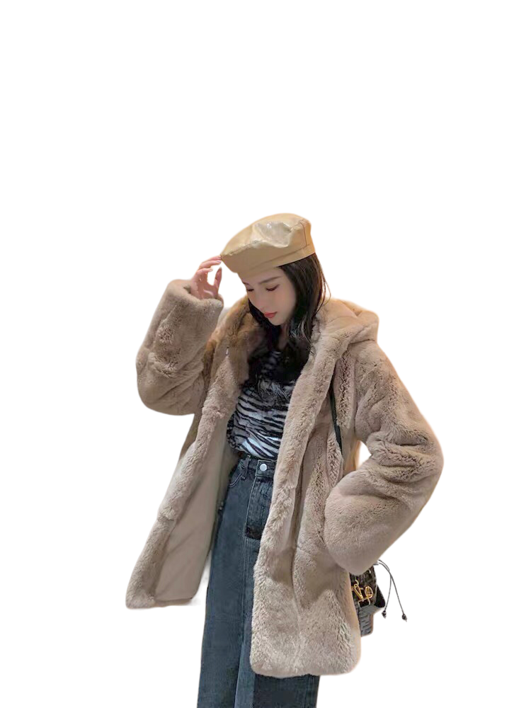 pepco เสื้อเฟอร์กันหนาว หมวกฮู้ด เสื้อขน FLUFFY Coat แบรนด์ PEPCO ดำ / เบจ