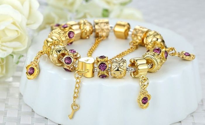 สร้อยข้อมือ Diy สไตล์ Pandora สร้อยข้อมือ ทองล้วน ร้อย Charm เต็มเส้น ติดพลอย คริสตัล ออสแตเรีย ของขวัญให้แฟน หรูหรา แบบมีระดับ 721863