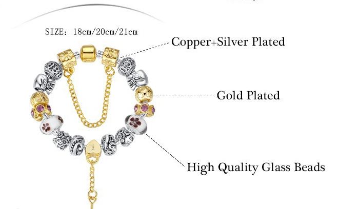 สร้อยข้อมือ Diy สร้อยข้อมือ Charm สไตล์ Pandora ใส่ ชาร์ม เงิน สลับ ทอง Glass Bead สีขาว ถุงเงิน ห้อยจี้ หัวใจ สีทอง ติด คริสตัล สวยหรู มีระดับ 86495