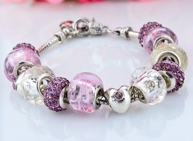 สร้อยข้อมือ Diy สไตล์ Pandora สร้อยข้อมือ Hade made ร้อย Glass Beads โทนสีม่วง ดอกลาเวนเดอร์ หวาน ๆ สลับ คริสตัลกลม สีสวย 883125