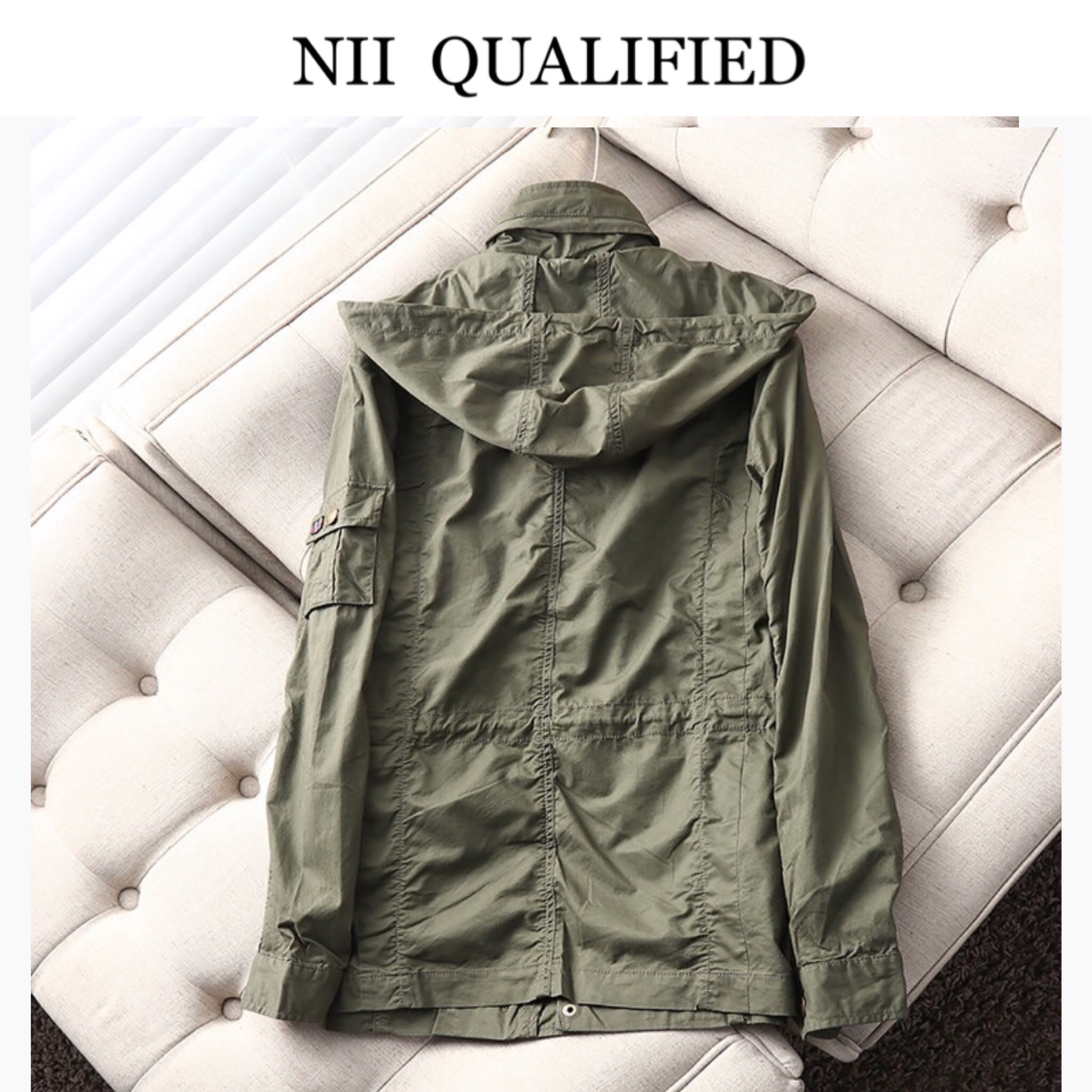 NII QUALIFIED เสื้อแจ็คเก็ต เสื้อเขียวทหาร เสื้อนอกฮูท แบรนด์NII QUALIFIED เกาหลี แท้ แพทเทินสวย เท่ห์มาก คะ Size M/L/XL/XXL(หมวกฮูทพับเก็บได้คะ) สำเนา เขียว