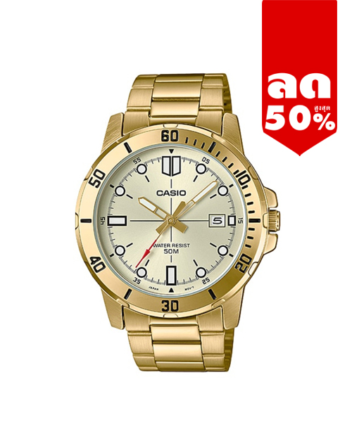 CASIO นาฬิกาคาสิโอ นาฬิกาข้อมือ นาฬิกากันน้ำ นาฬิกาของแท้ ประกันศูนย์ CMG 1 ปี รุ่น MTP-VD01G-9E นาฬิกาสีทอง
