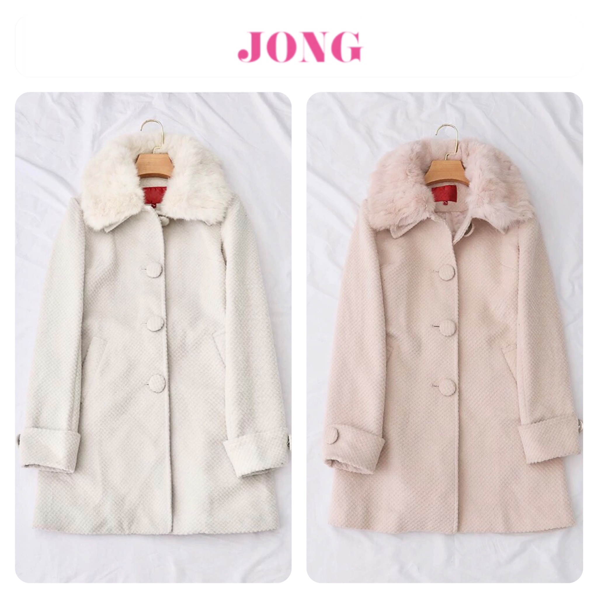 JONG เสื้อโค้ท เสื้อกันหนาว เนื้อผ้าสักหลาดวูล สีขาวออฟไวท์ แต่งปกเฟอร (ปกเฟอร์ถอดได้ค่ะ)แบรนด์ ขาวออฟไวท์