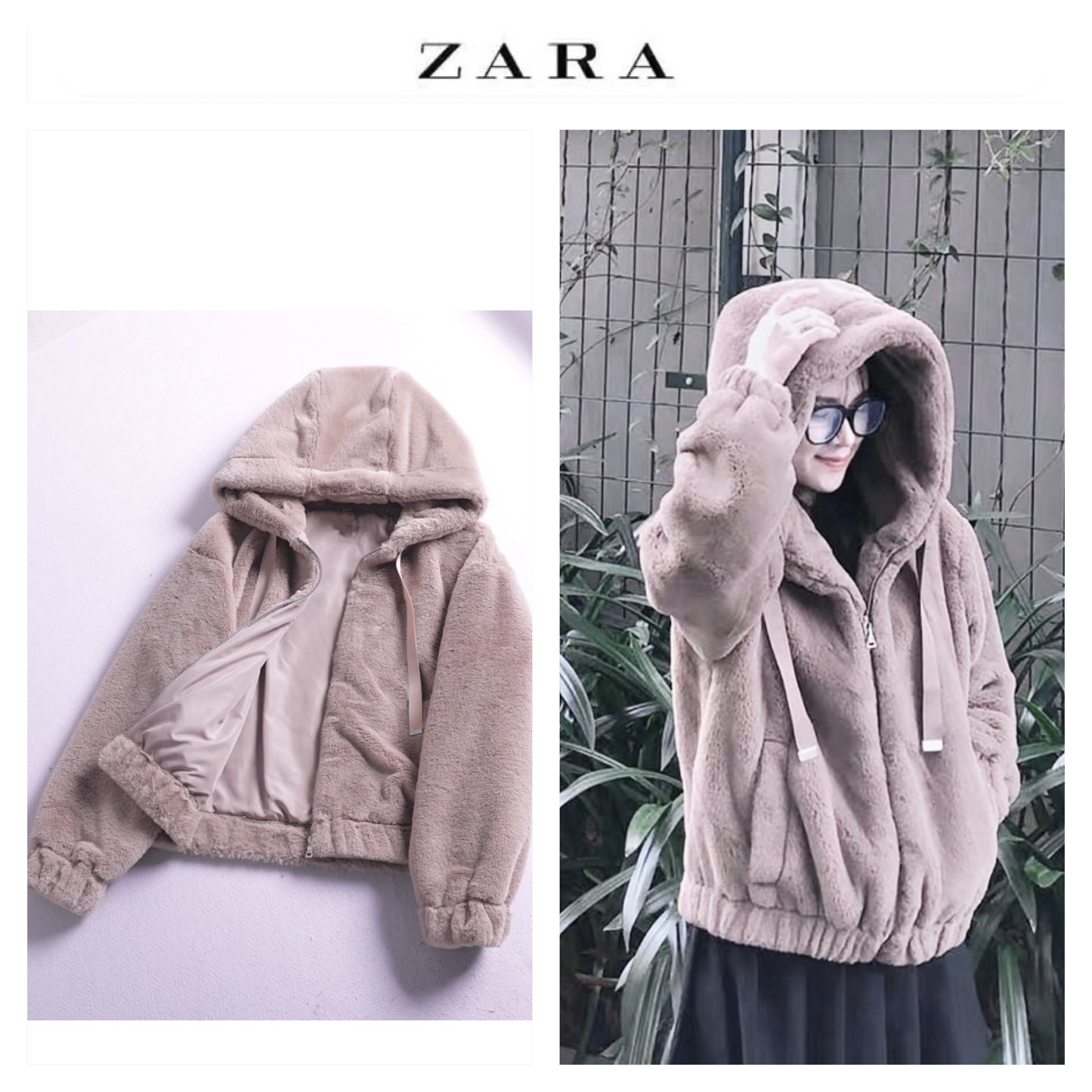 Zara เสื้อเฟอร์กันหนาว หมวกฮู้ด เสื้อขน แบรนด์zara สำเนา ดำ