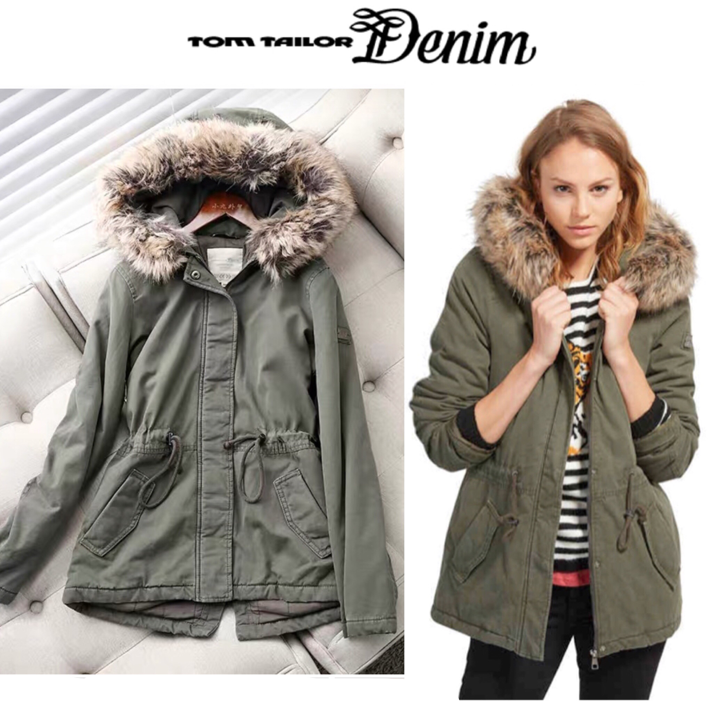 Tom tailor denim เสื้อฮูท เสื้อโค้ทฮูท กันหนาว สีเขียว แต่งเฟอร์ แบรนด์ Tom tailor Denim แต่งซับขนอุ่น (ขนเฟอร์ถอดได้คะ) สำเนา สำเนา เขียวทหาร