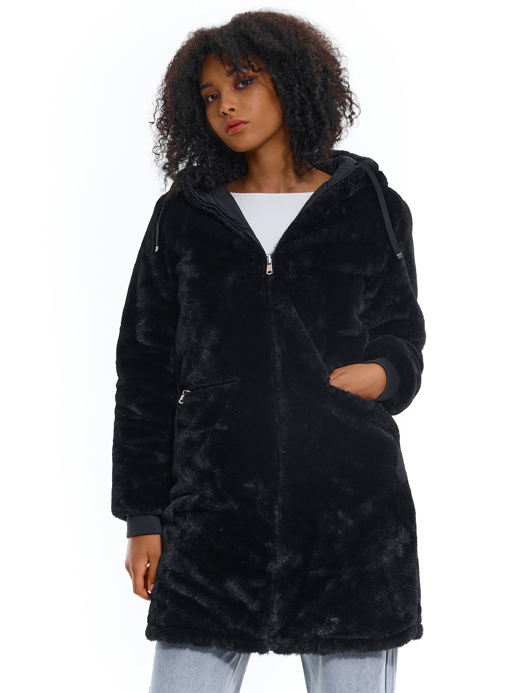 pepco เสื้อเฟอร์กันหนาว หมวกฮู้ด เสื้อขน FLUFFY Coat แบรนด์ PEPCO ดำ / เบจ