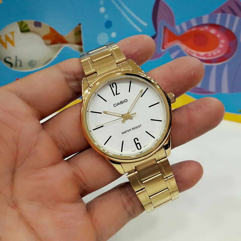 CASIO นาฬิกาคาสิโอ นาฬิกาข้อมือ นาฬิกากันน้ำ นาฬิกาของแท้ ประกันศูนย์ CMG 1 ปี รุ่น MTP-V005G-7B นาฬิกาสีทอง