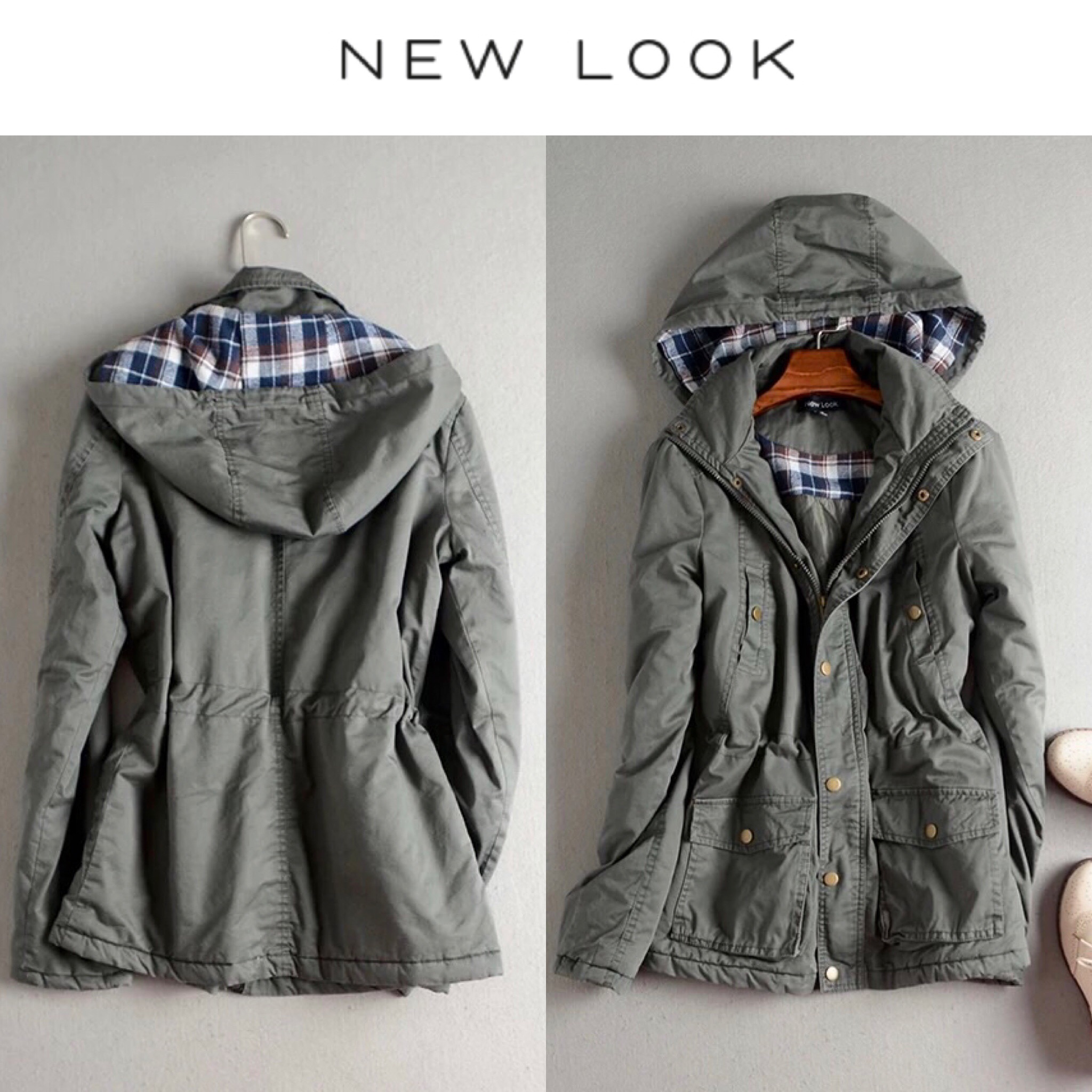 New look เสื้อกันหนาวติดหมวกฮูท เสื้อคลุม เสื้อโค้ช กันหนาว สีเขียว แบรนด์ NEW LOOK แต่งซับผ้าสำลีลายตารางด้านใน brandname NEW LOOK สวย เท่ห์มากคะ Size XS/S/M