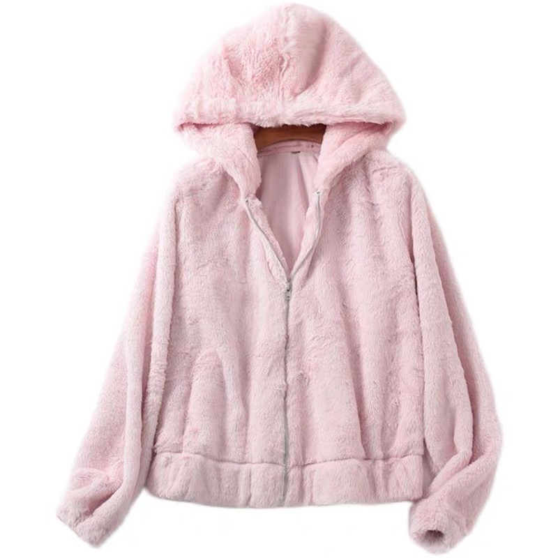 Page one เสื้อเฟอร์กันหนาว หมวกฮู้ด เสื้อขน Fluffy coat สีชมพูอ่อน แบรนด์ love tree ชมพู