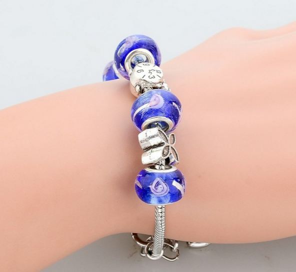 สร้อยข้อมือ Diy สไตล์ Pandora สร้อยข้อมือ วัยรุ่น ผู้หญิง Hand made แต่ง ไอเท็ม หัวใจ ดอกไม้ นาฬิกา สีิเงิน ร้อยสลับ Glass Beads สีน้ำเงิน 195048