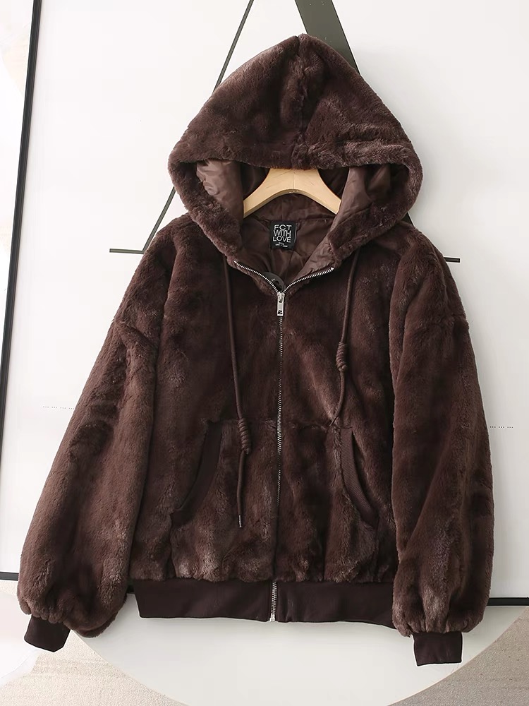 เสื้อเฟอร์กันหนาว หมวกฮู้ด เสื้อขน Fluffy coat แบรนด์ JOLIES & JOY ดำ
