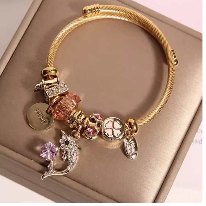 สร้อยข้อมือ กำไลข้อมือ สไตล์ pandora ห้อย จี้ปลาโลมา ฝังเพชร กำไลข้อมือวัยรุ่น แบบน่ารัก ๆ 600954