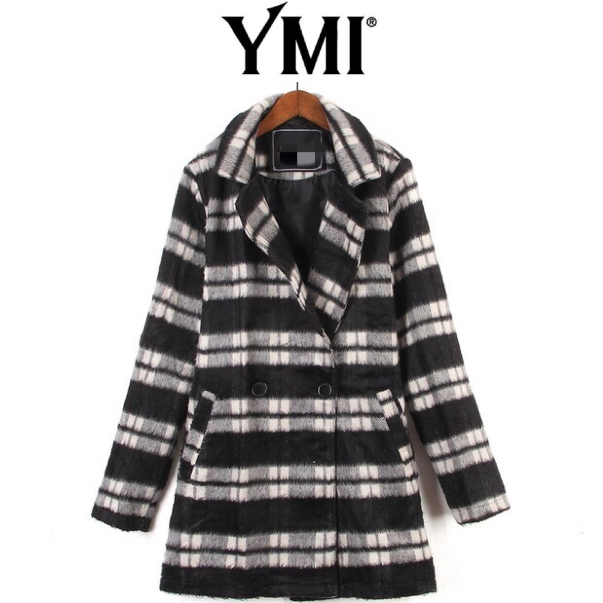 Ymi เสื้อโค้ท โค้ทกันหนาว เนื้อผ้าสักหลาด ขนวูล แบรนด์เนมYMI ญี่ปุ่นแท้ ลายตาราง ขาวดำ สวย หรู เนื้อผ้า นิ่มสวย หรูมากคะ สำเนา