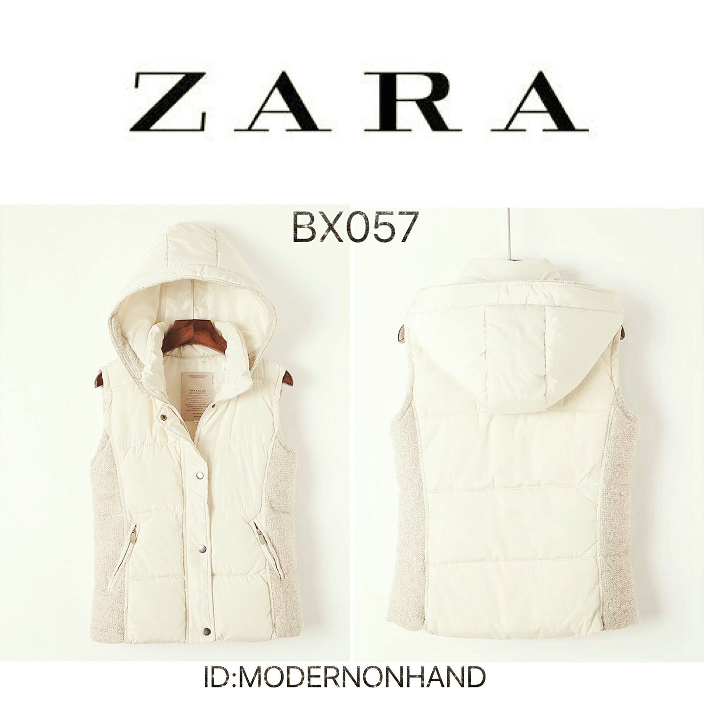 Zara เสื้อกั๊ก กันหนาว เสื้อกั๊ก ฮูท กันหนาว สีขาวครีม แบรนด์เนม TRAFALUC ZARA แต่งผ้าทอ แถบข้างลำตัว ( ฮูทถอดได้คะ) size S/M/L