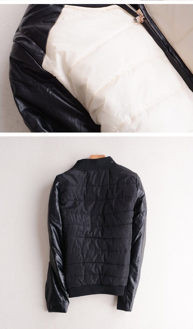 เสื้อกันหนาว แจ็คเก็ตกันหนาว สีทูโทนขาว-ดำ สไตล์ Bomber jacket แต่งแขนหนัง งานสวย แนวๆเท่ห์ๆคะ size L