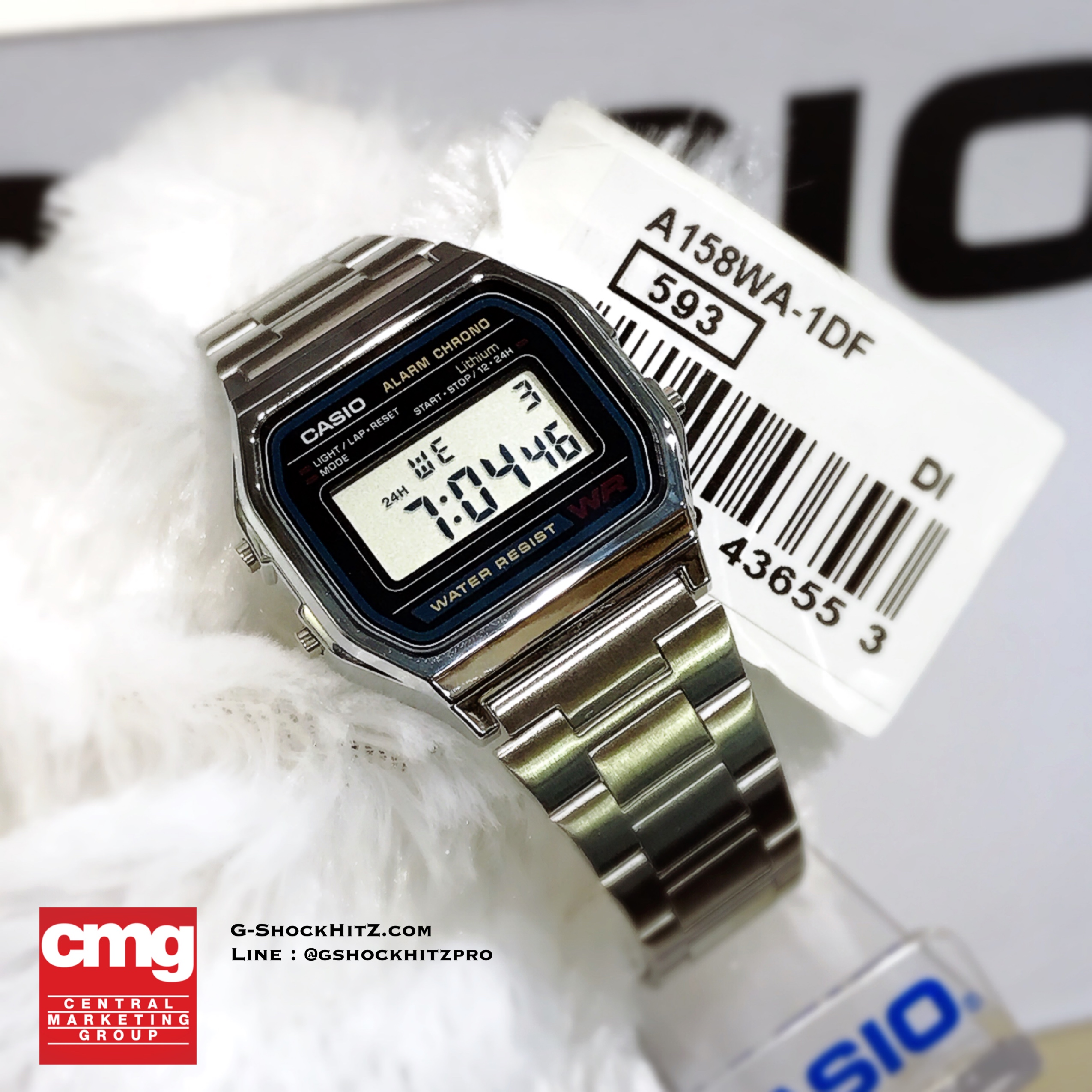 CASIO นาฬิกาคาสิโอ นาฬิกาข้อมือ นาฬิกากันน้ำ นาฬิกาของแท้ ประกันศูนย์ CMG 1 ปี รุ่น A158WA-1D นาฬิกาสีเงิน