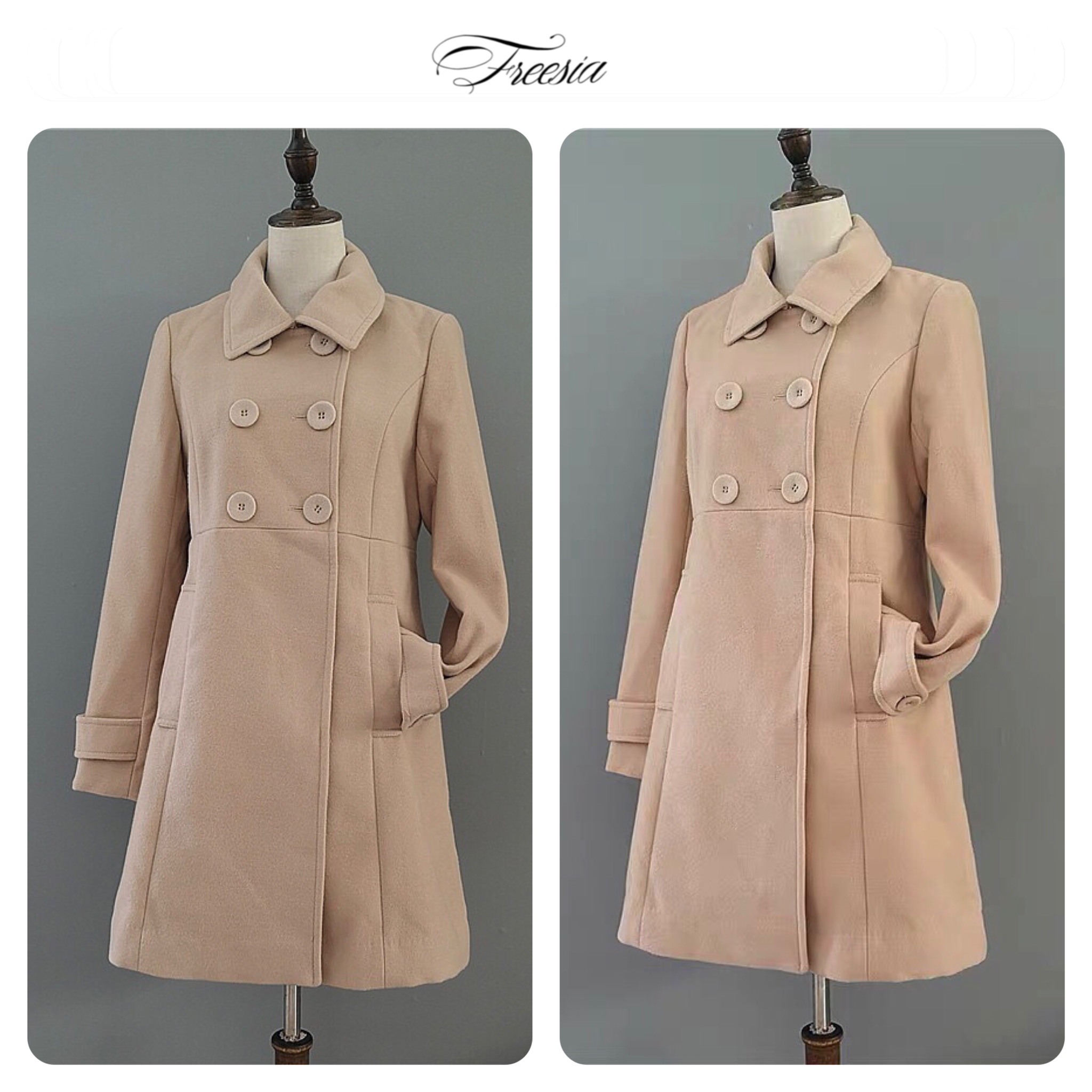 Freesia เสื้อโค้ท เสื้อกันหนาว เนื้อผ้าสักหลาดวูล สีเทา แต่งกระดุมแถบ สองแถว แบรนด์ Freesia เทา
