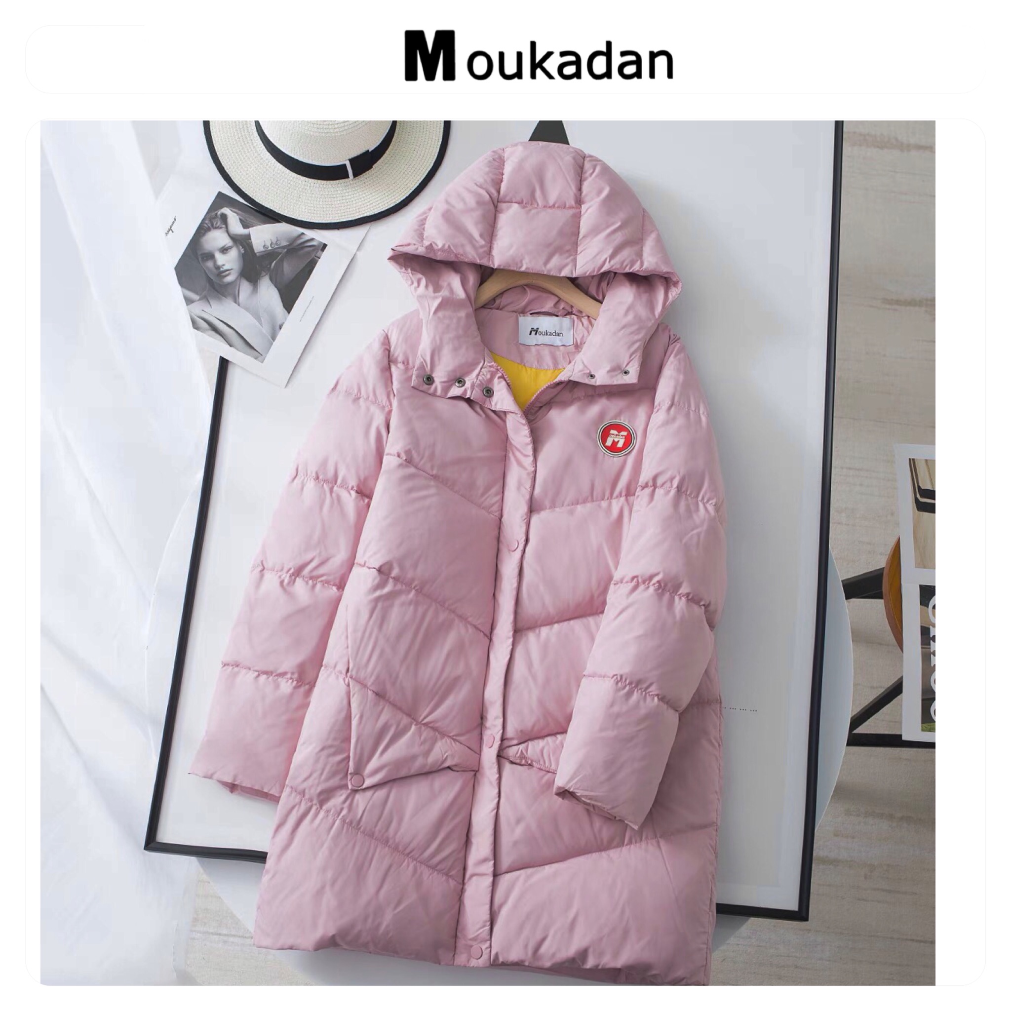 Moukadan เสื้อกันหนาว ขนเป็ด เสื้อฮู้ด บุขนเป็ด สีชมพู แบรนด์ Moukadan (padded puffer coat สำเนา สำเนา สำเนา ชมพู