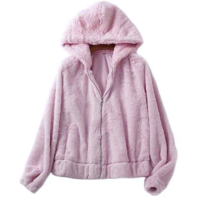 Page one เสื้อเฟอร์กันหนาว หมวกฮู้ด เสื้อขน Fluffy coat สีชมพูอ่อน แบรนด์ love tree ชมพู