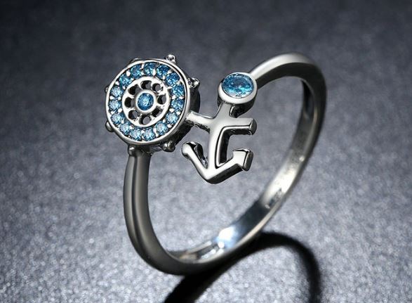 แหวนเงินแท้ 925 Sterling แหวนผู้หญิง ฝังคริสตรัลแท้ สีฟ้า ดีไซน์ รูป สมอเรือ และ พวงมาลัยเรือ แหวนธีม ทะเล ของขวัญแทนใจ สุดพิเศษ 503752