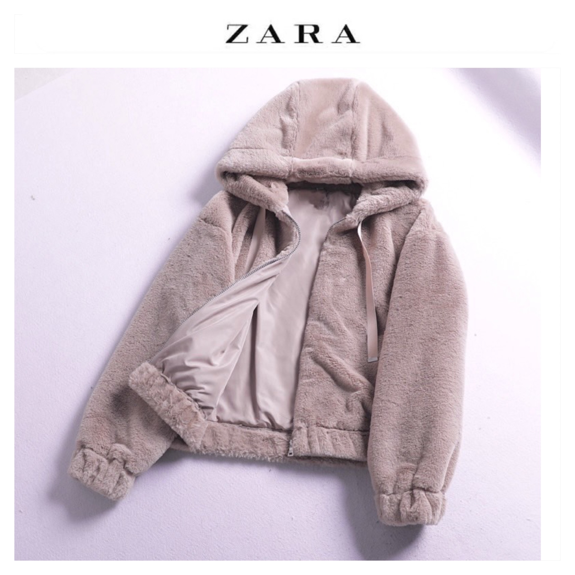 Zara เสื้อเฟอร์กันหนาว หมวกฮู้ด เสื้อขน แบรนด์zara สำเนา ดำ