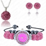 นาฬิกาข้อมือผู้หญิง ร้อยคริสตัล ชัมบาลา สีชมพูเข้า ดอกกุหลาบ เข้าชุดกับ สร้อยคอ และ ต่างหู นาฬิกาฝังเพชร ร้อย Shamballa ของขวัญให้แฟน 971450_4