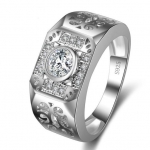 แหวนผู้ชาย แหวนเงิน ฝังเพชร สวยหรู แหวนเงิน 925 ฉลุลาย ไทย ๆ ฝังเพชร เม็ดกลม เม็ดใหญ่ ตรงกลาง 413117