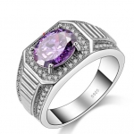 แหวนผู้ชาย แหวนเงิน ฝังเพชร สวยหรู แหวนฝังเพชร CZ AAA ใส่คริสตรัลแท้ สีม่วงอ่อน อะเมทิสต์ ทรงรี สวย 455083